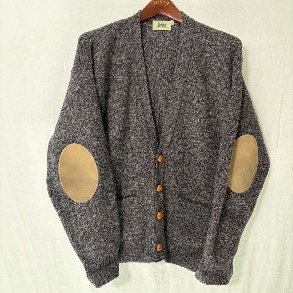 Vintage‎ REI Men's Cardigan Sweater Gray Long Sleeve 1/2 Button Elbow Patches XL